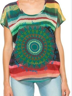Desigual Womens Multicolor Striped semi sheer Bohemian Lined Blouse Top Size XS